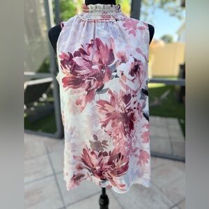 White House Black Market Fall Floral Sleeveless Top Blouse with smocked neck